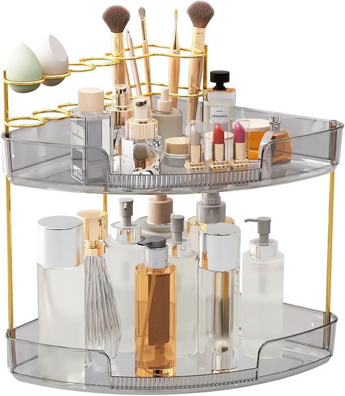 FELIZHOUSE 2-Tier Makeup Organizer for Vanity & Bathroom Countertop – Acrylic Storage Shelf with Perfume Makeup Brush Holder, Tool-Free Installation, Design for Bathroom & Dresser - Grey