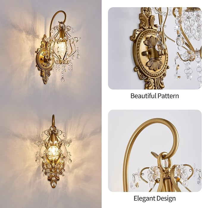 Gold Crystal Vintage Wall Sconces Indoor Hardwired Wall Light Fixture, Modern Wall Mount Lamp Light for Bedroom Living Room Bathroom Vanity Light Hallway Light Fixture Decor LED E12