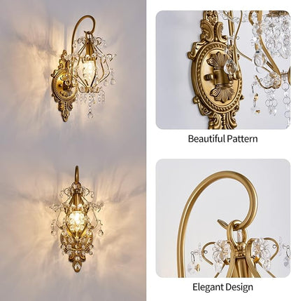 Gold Crystal Vintage Wall Sconces Indoor Hardwired Wall Light Fixture, Modern Wall Mount Lamp Light for Bedroom Living Room Bathroom Vanity Light Hallway Light Fixture Decor LED E12