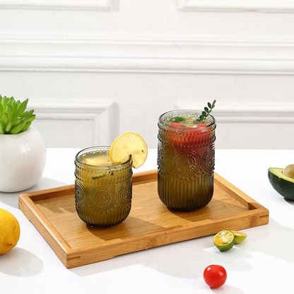 Grey Drinking Glasses Set of 12, 14 Oz Highball & 10 Oz Cocktail Glasses, Grey Kitchen Vintage Glassware Set, Floral Embossed Glass Tumbler Cups for Juice, Water, Beer, Whiskey, Coffee