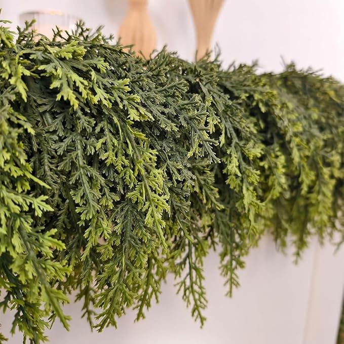 6ft 1Pcs Christmas Cedar Garland Artificial Realistic Soft Thick Green Faux Lush Cedar Pine Garland for Fireplace Mantel Stairs Doorframe Table Porch Indoor Outdoor Holiday Decor