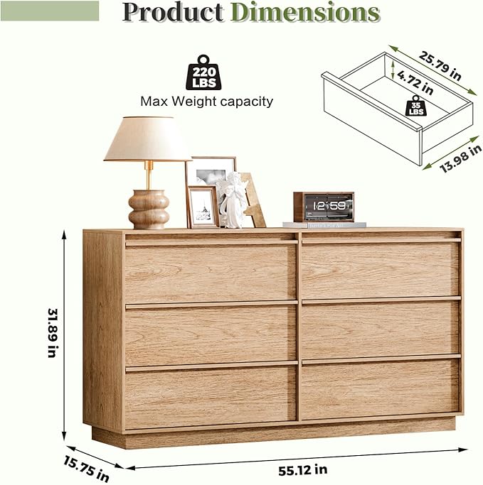 55.12" Modern Chest of Drawer, 6 Deep Drawers,Clothes Organizer,Large Storage Cabinet for Living Room, Bedroom,Dresser TV Stand, Wood Drawer Organizer for Living Room, Hallway, Natural
