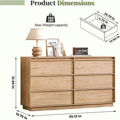55.12" Modern Chest of Drawer, 6 Deep Drawers,Clothes Organizer,Large Storage Cabinet for Living Room, Bedroom,Dresser TV Stand, Wood Drawer Organizer for Living Room, Hallway, Natural