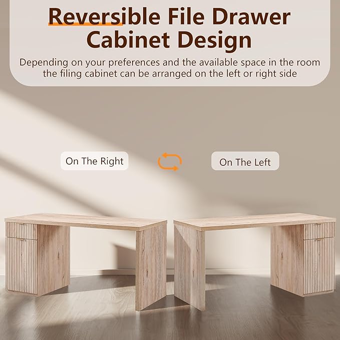 JXQTLINGMU 60" Modern Executive Desk with Storage, Wood Home Office Desk with Drawer & Cabinet, Fluted Computer Writing Desk for Study, Living Room, Bedroom, Oak