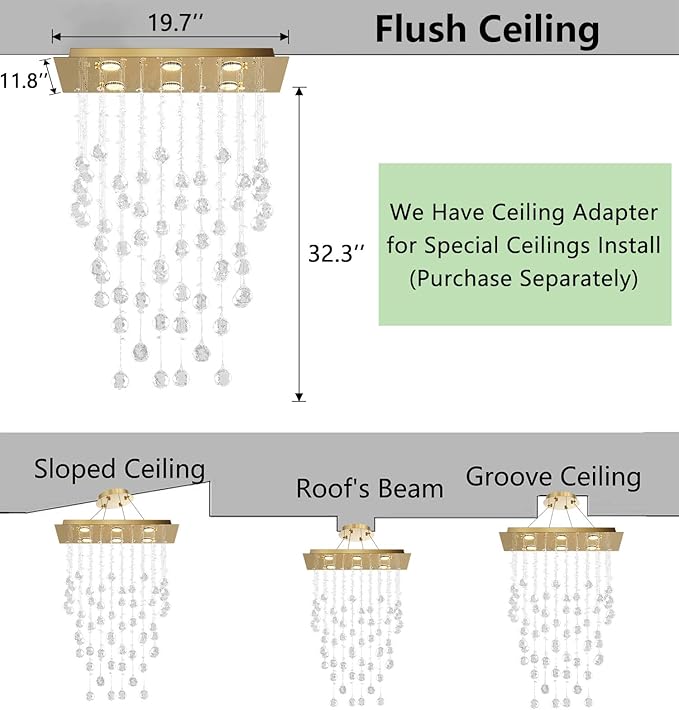 Glam Crystal Chandelier with Bulb Rain Drop Pendants Ceiling Light LED Lighting Rectangular Dining Room Light Fixture Dimmable LED Light Gold