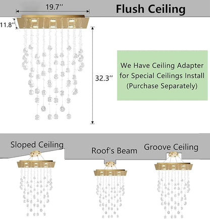 Glam Crystal Chandelier with Bulb Rain Drop Pendants Ceiling Light LED Lighting Rectangular Dining Room Light Fixture Dimmable LED Light Gold