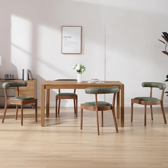 Wood Dining Chairs Set of 4, Mid Century Modern Living Room Chairs with Unique Curved Open Back Comfy Upholstered Side Chair for Kitchen/Restaurant/Reception, Faux Leather Green