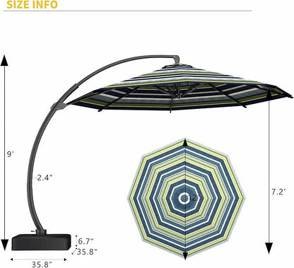 Kingdura 12ft Offset Cantilever Patio Umbrella with Base Included, Large Round Aluminum Outdoor Umbrella, 360° Rotation & Infinite Tilt, Heavy Duty Frame for Deck Pool Backyard, Green Stripe