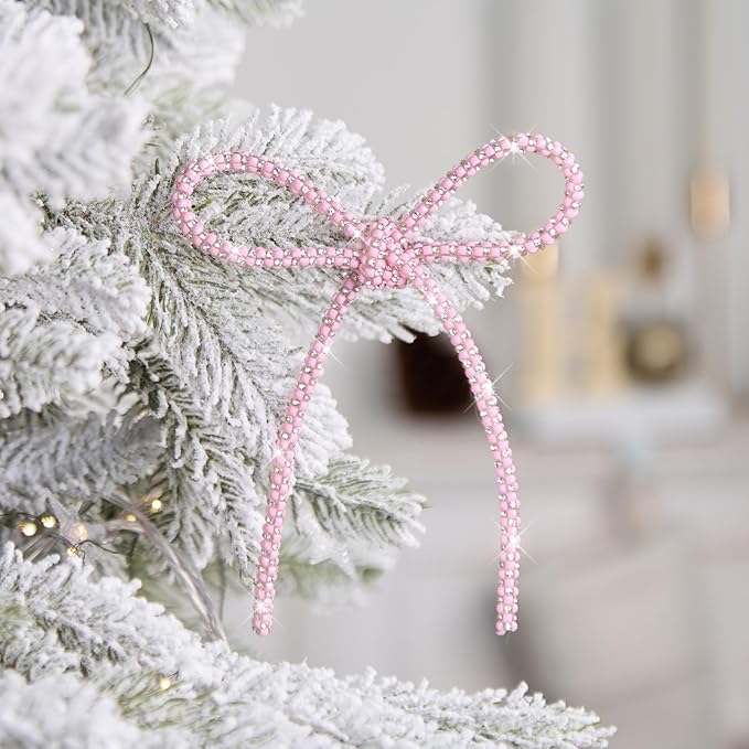 FLAIR GIFTS 6 Pcs 4.3" x 6" 2025 Christmas Bows for Tree Decor, Mix Pink Sparkly Glitter Rhinestone Bow Ornaments with Twist Tie for Xmas Decoration, Wreath, Garland, Gift Wrapping