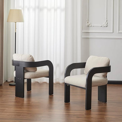 Christopher Knight Home Yorick Modern Dining Chair Set of 2 with Cushion, Solid Wood Dining Room Set, Curved Backrest Kitchen Side Chair, Living Room Comfy Extra Seat, Black+Beige