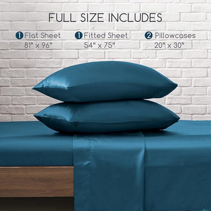 MR&HM Satin Bed Sheets, Full Size Sheets Set, 4 Pcs Silky Bedding Set with 15 Inches Deep Pocket for Mattress (Full, Teal)
