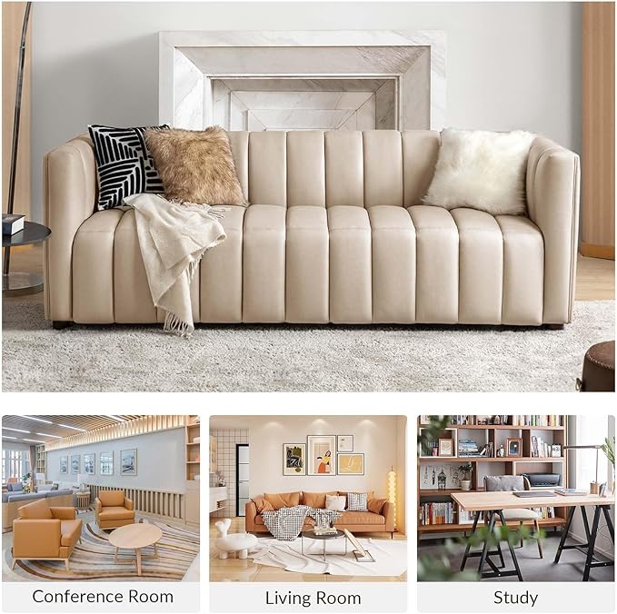 HULALA HOME 83" Genuine Leather Sofa with Channel Tufted Design, 3-Seater Sofa for Living Room Bedroom, Modern Oversized Couch with Wood Legs, Beige