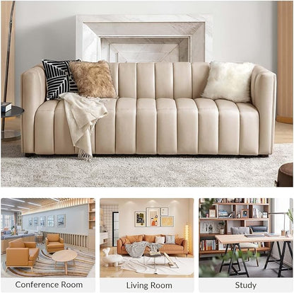 HULALA HOME 83" Genuine Leather Sofa with Channel Tufted Design, 3-Seater Sofa for Living Room Bedroom, Modern Oversized Couch with Wood Legs, Beige