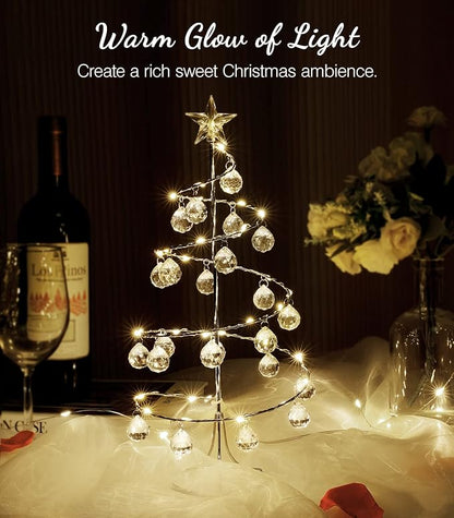 Lewondr Christmas Tree Lamp, 13 Inch Battery/USB Powered Crystal Spiral Christmas Tree Lava Lamp with Star Topper, Xmas Tree Light with Metal Stand Acrylic Balls for Home Bedroom Xmas, Silver