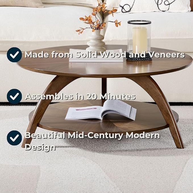 Martin Svensson Home LAX Retro Mid-Century Modern Round Wood Coffee Table with Lower Shelf, Cocktail Table for Living Room or Den. Walnut Brown.