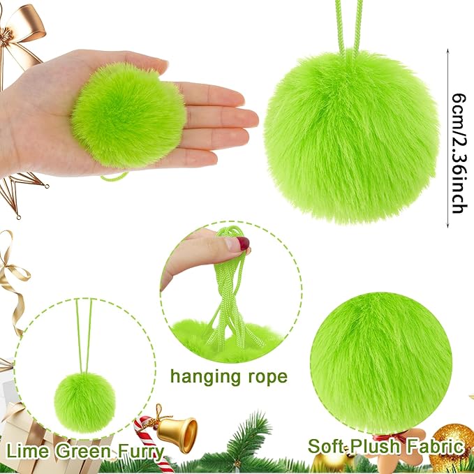 12 Pcs Lime Green Furry Christmas Balls Ornaments Green Christmas Hanging Decorations for Xmas Tree Faux Fur Pom Pom Ball Ornaments for Wreath Fireplace Wall Home Party Supplies