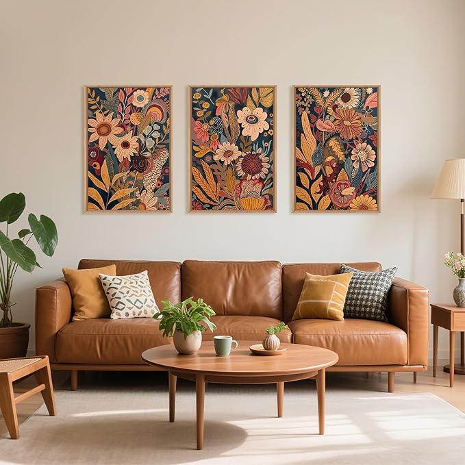 HOURIA Large Orange Flower Framed Canvas Wall Art Set,Boho Mid Century Modern Floral Botanical Wall Decor,Retro Vintage Blossom Artwork,Neutral Plant Art Print for Living Room,Bedroom,Office-16"x24"x3