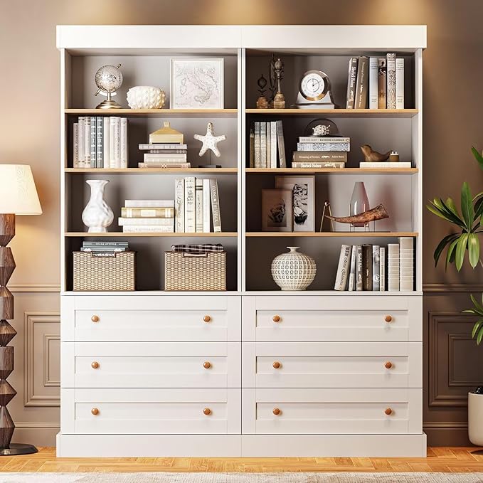 Vyre 71" Tall Farmhouse Bookshelves with Drawers, Set of 3 – Large Modular Bookcase with Adjustable Shelves, Storage Cabinet for Living Room, Kitchen, Home Office, White