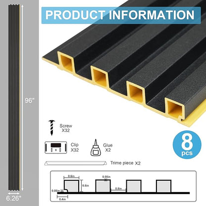 8-Pack WPC Wood Panels for Wall - 96 x 6.6 Inch 3D Acoustic Wall Panels, Water-Proof and Easy Installation, Accent Slat Wall Paneling for Living Room, Office, Black