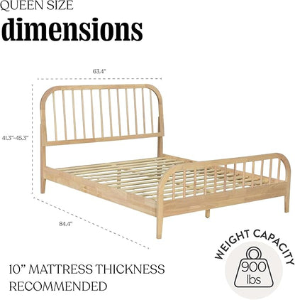 DG Casa Wesley Solid Wood Queen Size Bed Frame - Mid Century Modern Style, Platform with Spindle Headboard and Footboard, No Box Spring Required, Natural Finish