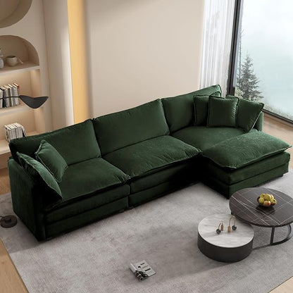 SoarFlash Chenille Sectional Sofa, Comfy L Shaped Modular Coush Sofa with Ottoman, Modern 3 Seat Couch Deep Seat Sofa Set for Living Room,Green