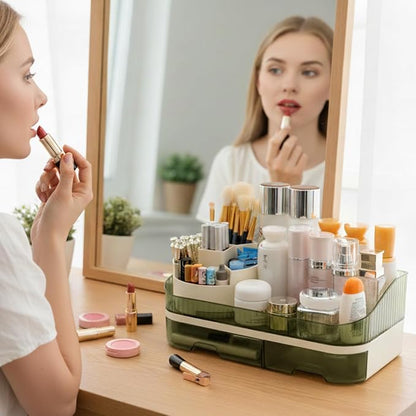 Large Plastic Makeup Organizer with Rotating Brush Holder for Vanity - Bathroom Countertop Skin Care Storage, Easy for Lipsticks, Nail Polishes, Perfumes & Eyeshadow Palettes