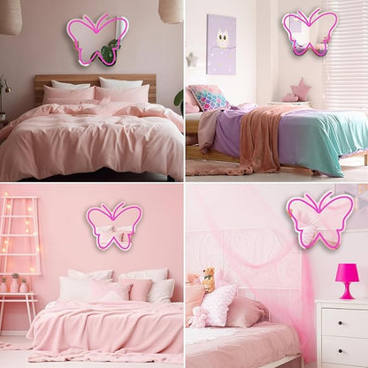 Butterfly Mirror Neon Sign Dimmable USB LED Neon Lights for Ideal Home Decor for Bedroom, Kidsroom, Living Room Parties, Christmas Birthdays Gifts for Girls Women, Boho Mirror Wall Sign Art Gift-pink