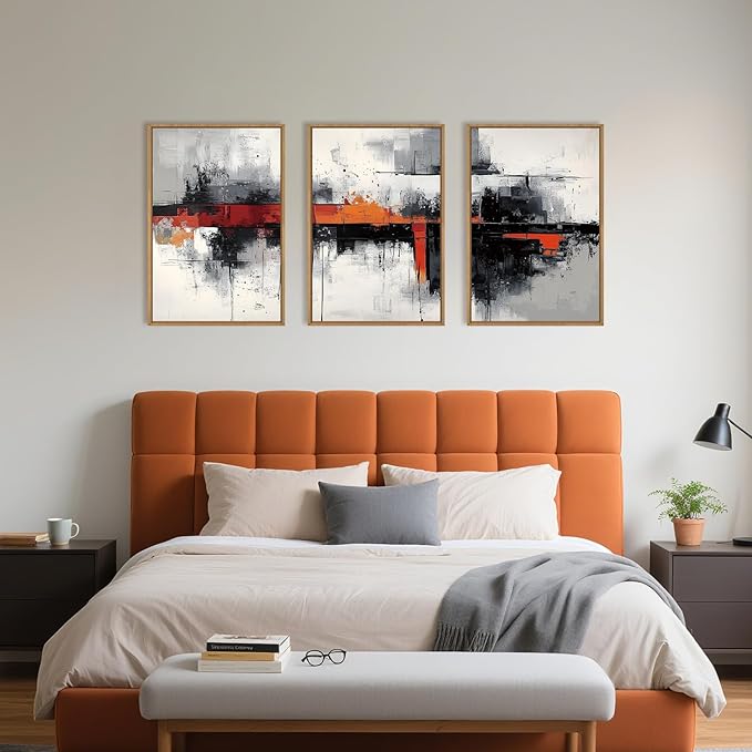 HOURIA Modern Abstract Framed Canvas Wall Art Set,Neutral Black and Orange Wall Decor,Textured Gray White Wall Painting,Pastel Strokes Art Prints for Living Room, Bedroom, Farmhouse-24 x36 x3