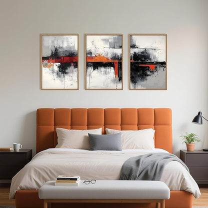 HOURIA Modern Abstract Framed Canvas Wall Art Set,Neutral Black and Orange Wall Decor,Textured Gray White Wall Painting,Pastel Strokes Art Prints for Living Room, Bedroom, Farmhouse-24 x36 x3