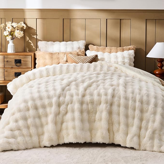 Lotus Karen Faux Fur Full Comforter Set – Cream White Fluffy Comforter Full Size, Big Bubble Faux Rabbit Fur Bedding Comforter Sets, Warm Cozy Fuzzy Bed Set 3 Pieces, 1 Comforter and 2 Pillowcases