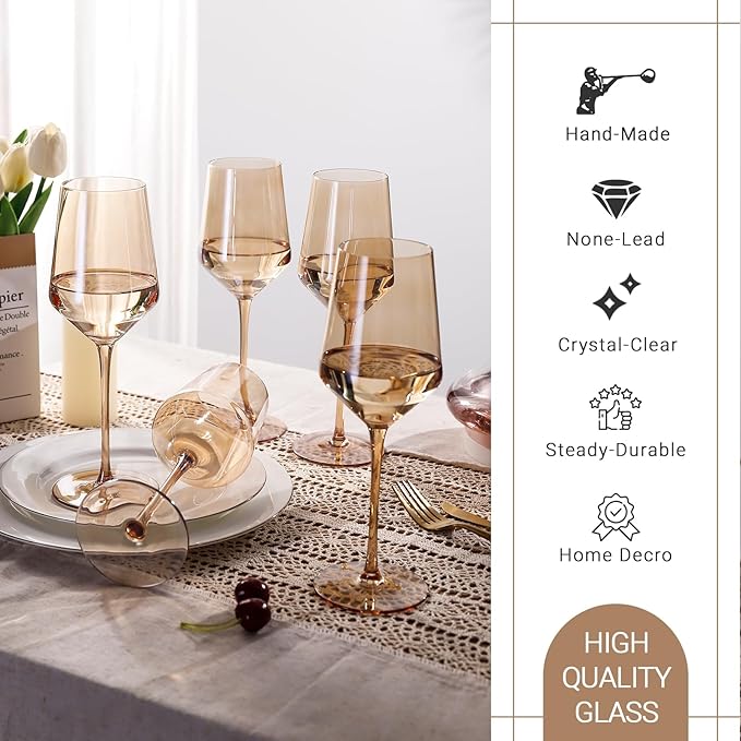 Physkoa Amber Colored Wine Glasses Set 6-16oz Stemmed Brown Wine Glasses With Tall Long Stem and Tulip Bottom,Amber Glassware for Home Deco,Wedding,Birthday