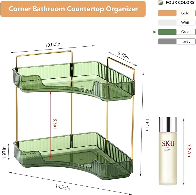 Corner Bathroom Counter Organizer Bathroom Countertop Shelf Makeup Organizer for Vanity Perfume Corner Storage (2 Tiers, Green)
