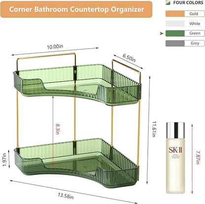 Corner Bathroom Counter Organizer Bathroom Countertop Shelf Makeup Organizer for Vanity Perfume Corner Storage (2 Tiers, Green)