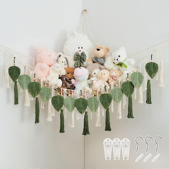 Pretty Jolly Stuffed Animal Storage with Hand Woven Leaf Tassels Hammock Corner Hanging Net Boho Macrame Plush Storage for Toys Kid Room Wall Nursery Decor for Girls Gift (Sage Green&Avocado Green)
