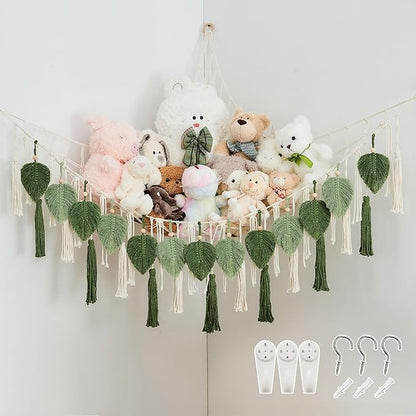 Pretty Jolly Stuffed Animal Storage with Hand Woven Leaf Tassels Hammock Corner Hanging Net Boho Macrame Plush Storage for Toys Kid Room Wall Nursery Decor for Girls Gift (Sage Green&Avocado Green)