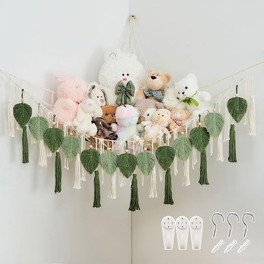 Pretty Jolly Stuffed Animal Storage with Hand Woven Leaf Tassels Hammock Corner Hanging Net Boho Macrame Plush Storage for Toys Kid Room Wall Nursery Decor for Girls Gift (Sage Green&Avocado Green)