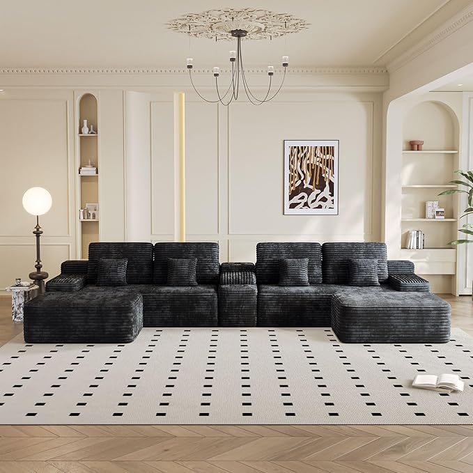 KEIKI 150" U-Shaped Oversized Corduroy Modular Sectional Sofa with 2 Ottomans and Multi Functional, 6-Seater Upholstered Couch, Easy Assembly, for Living Room, Black