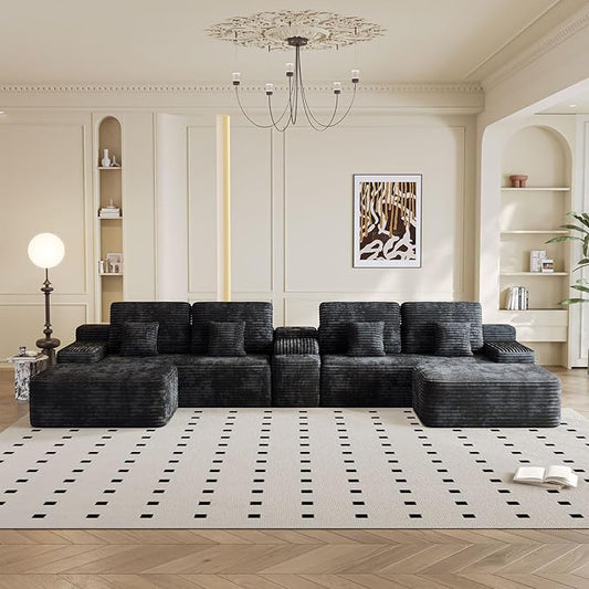 KEIKI 150" U-Shaped Oversized Corduroy Modular Sectional Sofa with 2 Ottomans and Multi Functional, 6-Seater Upholstered Couch, Easy Assembly, for Living Room, Black