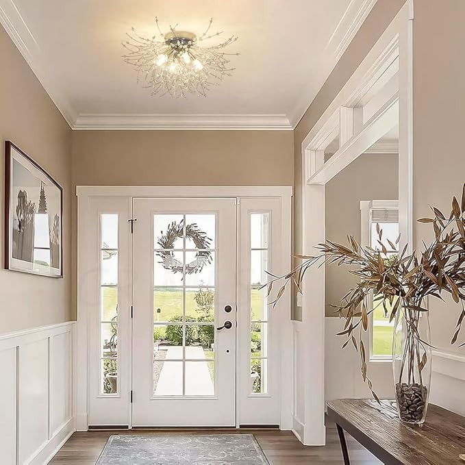 HMVPL Chrome Crystal 4-Light Mini Firework Ceiling Light Fixture, Modern Sputnik Chandelier, Suitable for Bedroom, Kitchen, Hallway, Closet, Dining Room