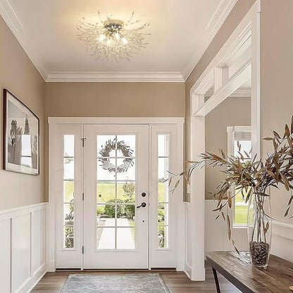 HMVPL Chrome Crystal 4-Light Mini Firework Ceiling Light Fixture, Modern Sputnik Chandelier, Suitable for Bedroom, Kitchen, Hallway, Closet, Dining Room