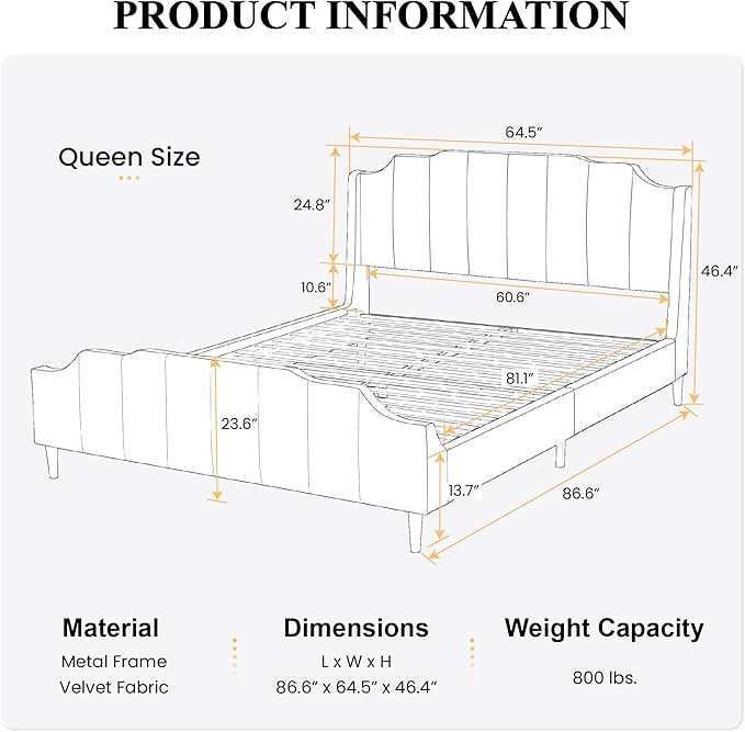 SHA CERLIN Upholstered Queen Size Bed Frame with Modern Curved Velvet Wingback Headboard, Heavy Duty Wood Platform Bed with Strong Wood Slat Support, No Box Spring Needed, Black