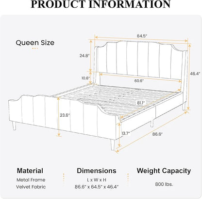 SHA CERLIN Upholstered Queen Size Bed Frame with Modern Curved Velvet Wingback Headboard, Heavy Duty Wood Platform Bed with Strong Wood Slat Support, No Box Spring Needed, Pink