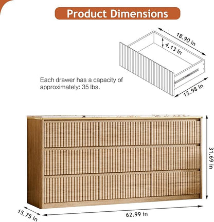 Fluted Dresser for Bedroom with 9 Drawers,62.99" Modern Chest of Drawers with Faux Marble Top, Curved Profile Design,Dresser TV Stand, Wood Drawer Organizer for Living Room, Hallway, Wood