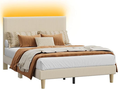 Bestier Full Bed Frame with Adjustable Headboard, LED Lighting, Vertical Channel Tufted Corduroy Upholstered, Solid Wooden Slats Support, No Box Spring Needed, Never Squeaks, Easy Assembly, Beige