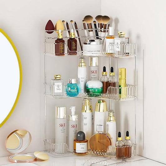 SUNZOS 3-Tier Corner Bathroom Counter Organizer, Bathroom Organizer Countertop with Makeup Brush Holder, Vanity Makeup Cosmetic Storage, Corner Storage for Kitchen, Dresser