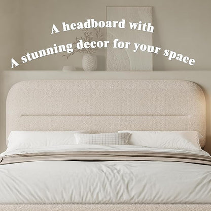 Full Size Boucle Bed Frame, Upholstered Full with Headboard, Soft BedFrame with Thickened Footboard, Soft Rounded Corners, No Box Spring Required, Easy Assembly, Cream