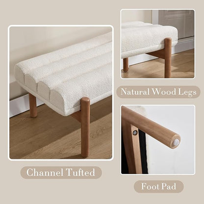 47" Modern Upholstered End of Bed Bench, Beige Chenille Channel Tufted Entryway Bench with Wood Legs, Comfy Bedroom Bench Long Ottoman for Living Room Hallway Vanity Room