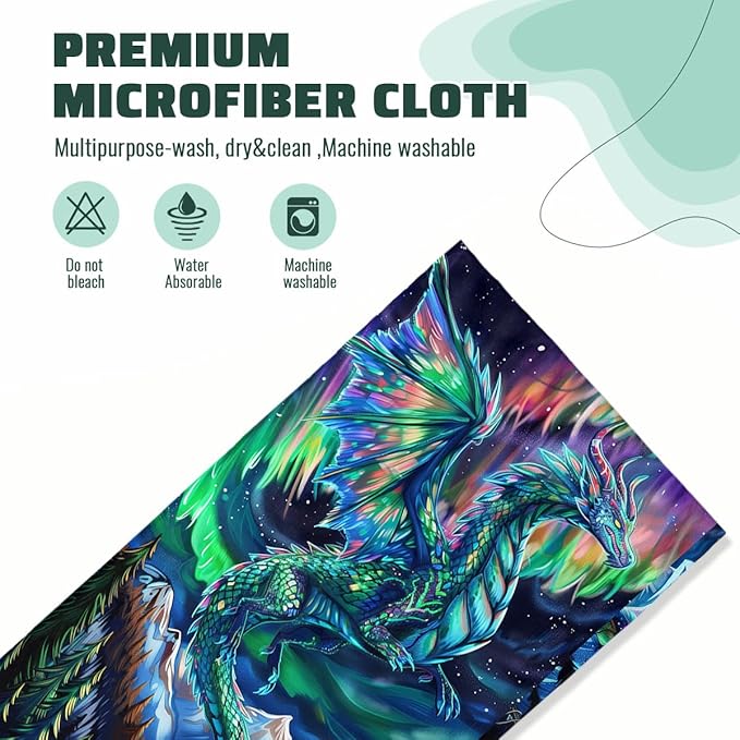 Dragon Kitchen Towels Set of 2 Fantasy Night Sky Mountain Northern Lights Dish Towels Holiday Tabletop Decor Dragon