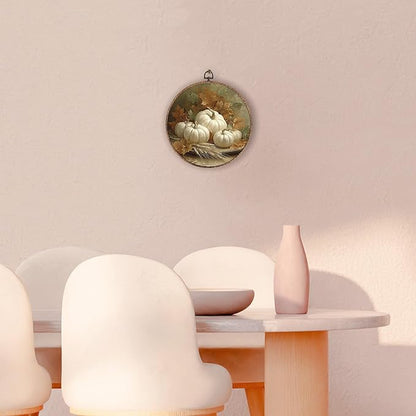 Hxlac Vintage Fall Pumpkin Maple Leaves Round Wall Art Framed, Vintage Autumn Pumpkin Round Wall Decor, Fall Halloween Hanging Canvas Prints Wall Sculptures for Farmhouse Home Decor, 10x10 Inch