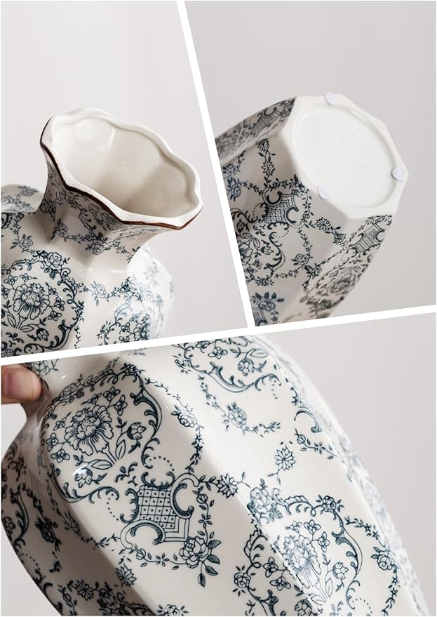 Blue and White Vase, Vintage Blue Ceramic Flower Vessel,Ceramic vases for Home Decor,Vintage Green and Beige for Console Table Mantle Chinoiserie Decor (Retro-03, Large)